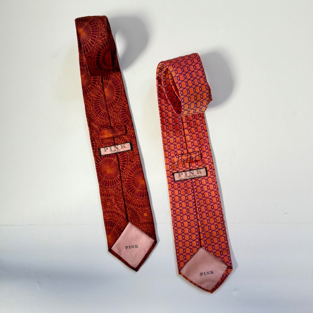 Thomas Pink Necktie Silk Tie Geometric Made in France Coral Burgundy Lot‎ of 2